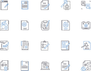 Certification outline icons collection. Certificate, Accreditation, Qualification, Designation, Endorsement, Validation, Authentication vector and illustration concept set. Licensing, Registration