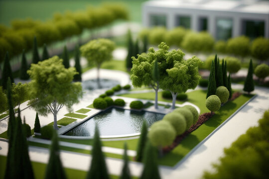 Contemporary Miniature Model of a Villa Neighborhood with Tilt-Shift Focus Technique, Generative Ai