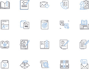 Publishing outline icons collection. Printing, Distribution, Authoring, Editing, Subscribing, Merchandising, Marketing vector and illustration concept set. Promoting, Submitting, Illustrating linear