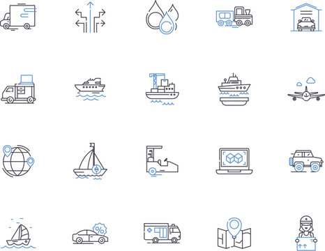 Shipping outline icons collection. Transportation, Cargo, Delivery, Movement, Mail, Ocean, Air vector and illustration concept set. Logistics, Parcel, Services linear signs