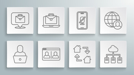 Set line Freelancer, Online working, Video chat conference, Mute microphone mobile, and icon. Vector