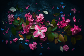 Fototapeta na wymiar picture with flowers and leaves on a dark background with a pink flower. ai generative