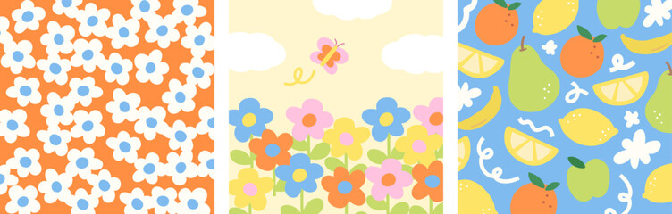 Set of summer backgrounds with flower garden, butterfly, orange, pear, lemon, apple for fruity pattern, wallpaper, animal print, spring and summer fabric, floral print, garment, textile, kid clothes