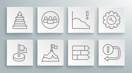 Set line Flag, Project team base, Mountains with flag, Pie chart infographic, Arrow, Financial growth decrease, Wrench and gear and Pyramid infographics icon. Vector