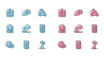 Set line World news, Mobile recording, Journalist id card, Antenna, Weather forecast, Information, Live report and Speech bubble chat icon. Vector