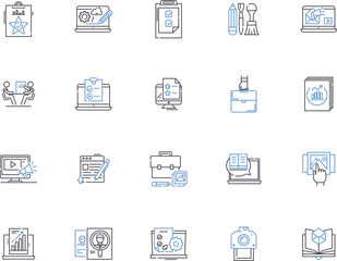 Presentation outline icons collection. Presentation, Speech, Slideshow, Demonstration, Exposition, Talk, Lecture vector and illustration concept set. Introduction, Performance, Address linear signs