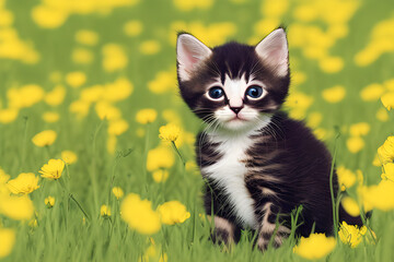 ai-generated illustration of a cute kitten in a field