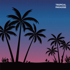 Landscape and illustration of palm trees on the beach at sunset with gradient