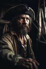 Obraz premium portrait of pirate corsair captain in costume and hat on medieval ship at caribbean sea. Generative AI