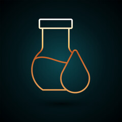 Gold line Oil petrol test tube icon isolated on dark blue background. Vector