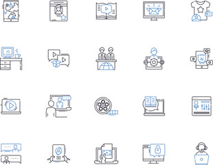 Media outline icons collection. Media, Journalism, Broadcasting, Newspapers, Radio, Television, Social vector and illustration concept set. Internet, Magazines, News linear signs