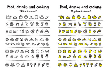 Fototapeta premium Big icons set of cooking, food, drinks, fast food, menu fruits, vegetables, sweets, desserts, meat isolated on white background. Big collection of 73 food and cooking icons. Vector design