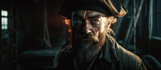 pirate captain corsair in costume and hat on medieval ship at sea. Generative AI