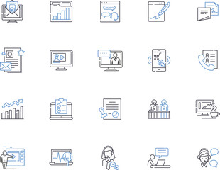 Content marketing outline icons collection. Content, Marketing, Strategy, Ads, Content-Creation, Generating, Distribution vector and illustration concept set. Influencers, Repurposing, Branding linear