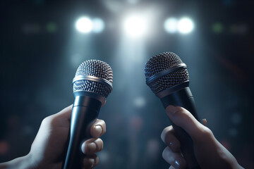 Speaker hand holding microphone on stage background, close up. Music concept - obrazy, fototapety, plakaty
