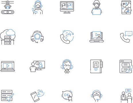 Telecommucation outline icons collection. Telecommunication, Telecommunications, Network, Voice, Mobile, Service, Wireless vector and illustration concept set. Internet, Technology, Video linear signs