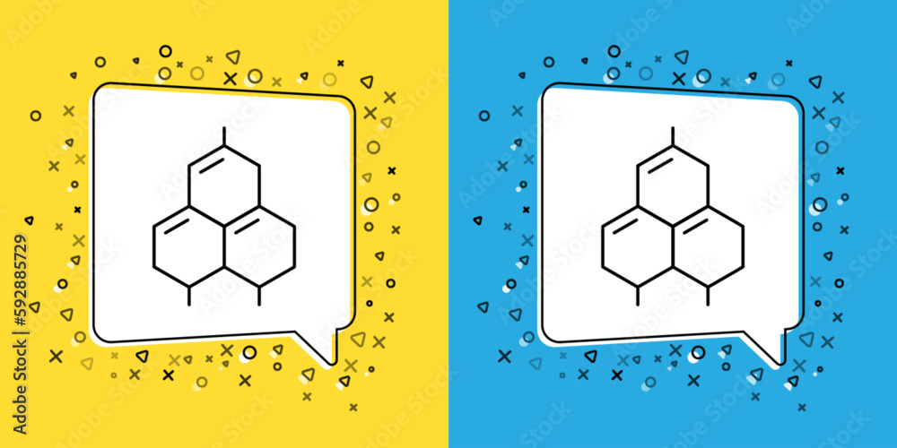 Sticker Set line Chemical formula icon isolated on yellow and blue background. Abstract hexagon for innovation medicine, health, research and science. Vector