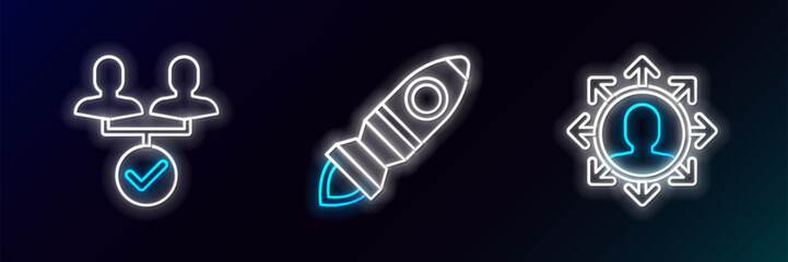 Set line Project team base, and Rocket ship with fire icon. Glowing neon. Vector