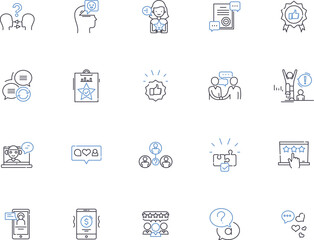Reviews outline icons collection. Reviews, Ratings, Opinions, Feedback, Judgments, Assessments, Comments vector and illustration concept set. Perspectives, Reactions, Evaluations linear signs