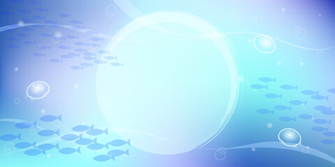 魚の群れとクラゲが泳ぐ涼し気な海の中の背景デザイン　丸いテキストスペース © akinotombo
