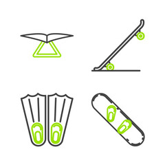 Set line Snowboard, Rubber flippers for swimming, Skateboard and Hang glider icon. Vector