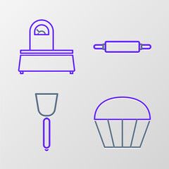 Set line Muffin, Spatula, Rolling pin and Scales icon. Vector