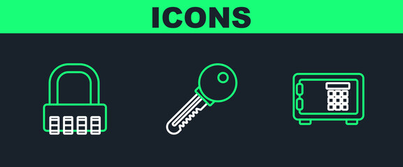 Set line Safe, combination lock and Key icon. Vector