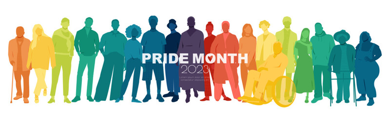 Pride Month 2023 banner. Different people stand side by side together.