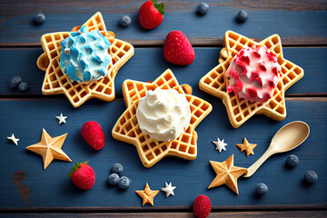 Treats for Independence Day holiday on July 4. Homemade cream ice cream in waffles. Generative Ai