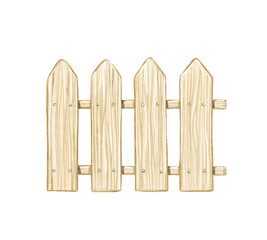 Watercolor vintage wooden fence isolated on white background. Watercolor hand drawn illustration sketch