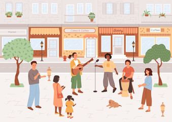 Obraz na płótnie Canvas Street musicians play on square in city. Crowd of young people, child and dog are listening to music and having fun. Street lifestyle. Vector illustration. Cafe and windows on background.