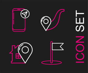 Set line Flag, Map pointer with house, Route location and Infographic of city map navigation icon. Vector