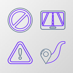 Set line Route location, Exclamation mark in triangle, Infographic of city map navigation and Stop sign icon. Vector