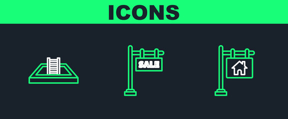Set line Hanging sign with text Sale, Swimming pool ladder and icon. Vector
