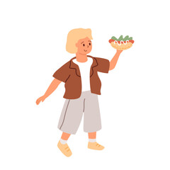 Happy boy with hot dog. Child holds bun with sausage, salad and sauce, stylish blonde kid in shorts and shirt. Vector illustration, isolated character.
