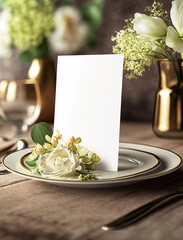 Vertical white blank of paper mockup on table with floral greenery and dish in restaurant. Empty 4x6 card for wedding table number or dinner menu template. Generative AI