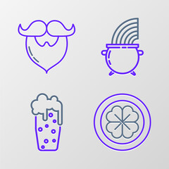 Set line Gold coin with four leaf clover, Glass of beer, Witch cauldron and rainbow and Mustache beard icon. Vector