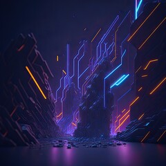 Abstract Futuristic Cosmic Terrain with Glowing Geometric Shape - 3D Render 