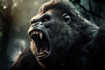 Angry aggressive big monkey gorilla in the jungle. Screaming king kong, animal illustration. Generative AI - obrazy, fototapety, plakaty