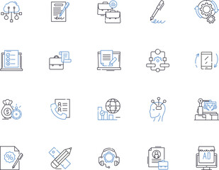 Operations management outline icons collection. Planning, Scheduling, Costing, Organizing, Structure, Control, Quality vector and illustration concept set. Staffing, Forecasting, Manpower linear signs
