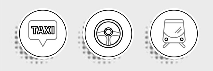 Set line Tram and railway, Map pointer with taxi and Steering wheel icon. Vector