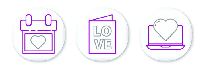 Set line Laptop with heart, Calendar and Valentines day party flyer icon. Vector