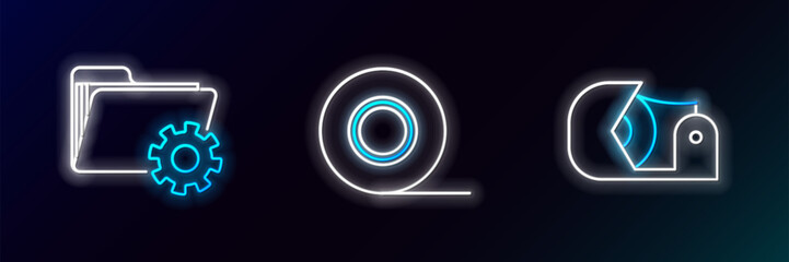 Set line Scotch, Folder settings with gears and icon. Glowing neon. Vector