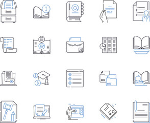 learning management system outline icons collection. LMS, Courseware, eLearning, Pedagogy, Training, Classes, Assessment vector and illustration concept set. Certification, Tutoring, Analytics linear