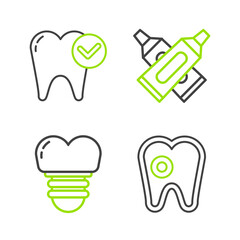 Set line Tooth with caries, Dental implant, Crossed tube of toothpaste and whitening concept icon. Vector