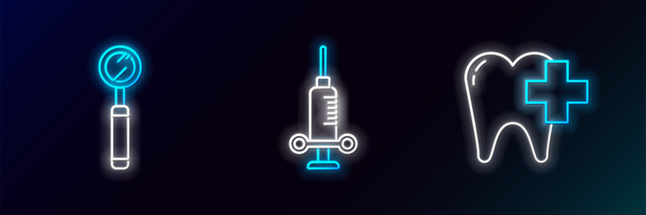 Set line Dental clinic for dental care tooth, inspection mirror and medical syringe icon. Glowing neon. Vector