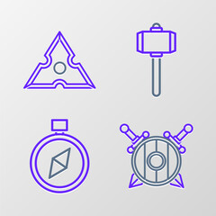 Set line Wooden shield with crossed swords, Compass, Battle hammer and Japanese ninja shuriken icon. Vector