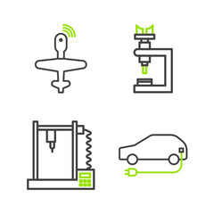 Set line Electric car, 3D printer, Microscope and UAV Drone icon. Vector