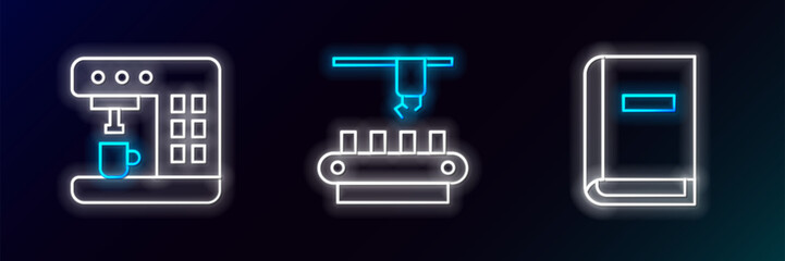 Set line User manual, Coffee machine and Factory conveyor system belt icon. Glowing neon. Vector