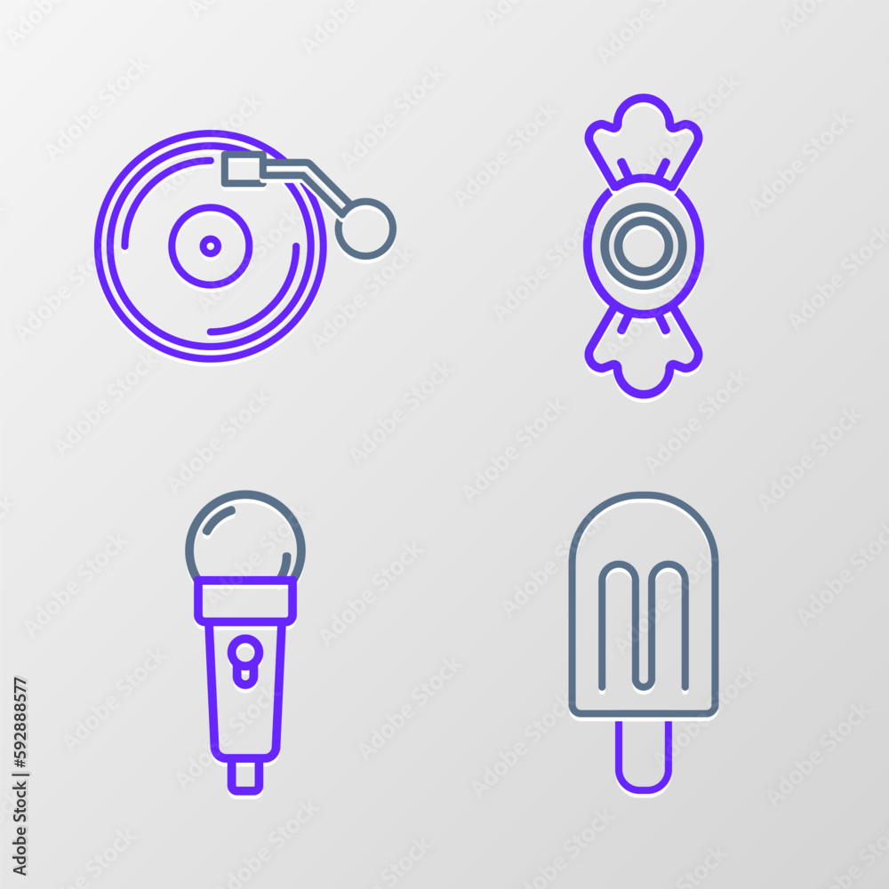 Canvas Prints set line ice cream, microphone, candy and vinyl player with disk icon. vector